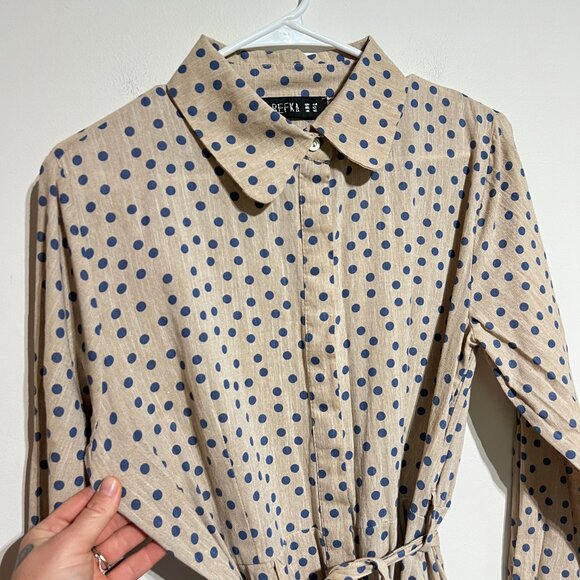 Like New REFKA Modest Clothing Linen Maxi Dress Collared Polka Dots, Size 12 - Picture 5 of 7
